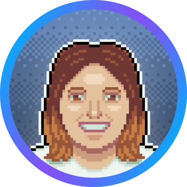 A circular avatar with a blue background of a pixel portrait of Mariya Delano, a white woman with brown hair and blonde tips.