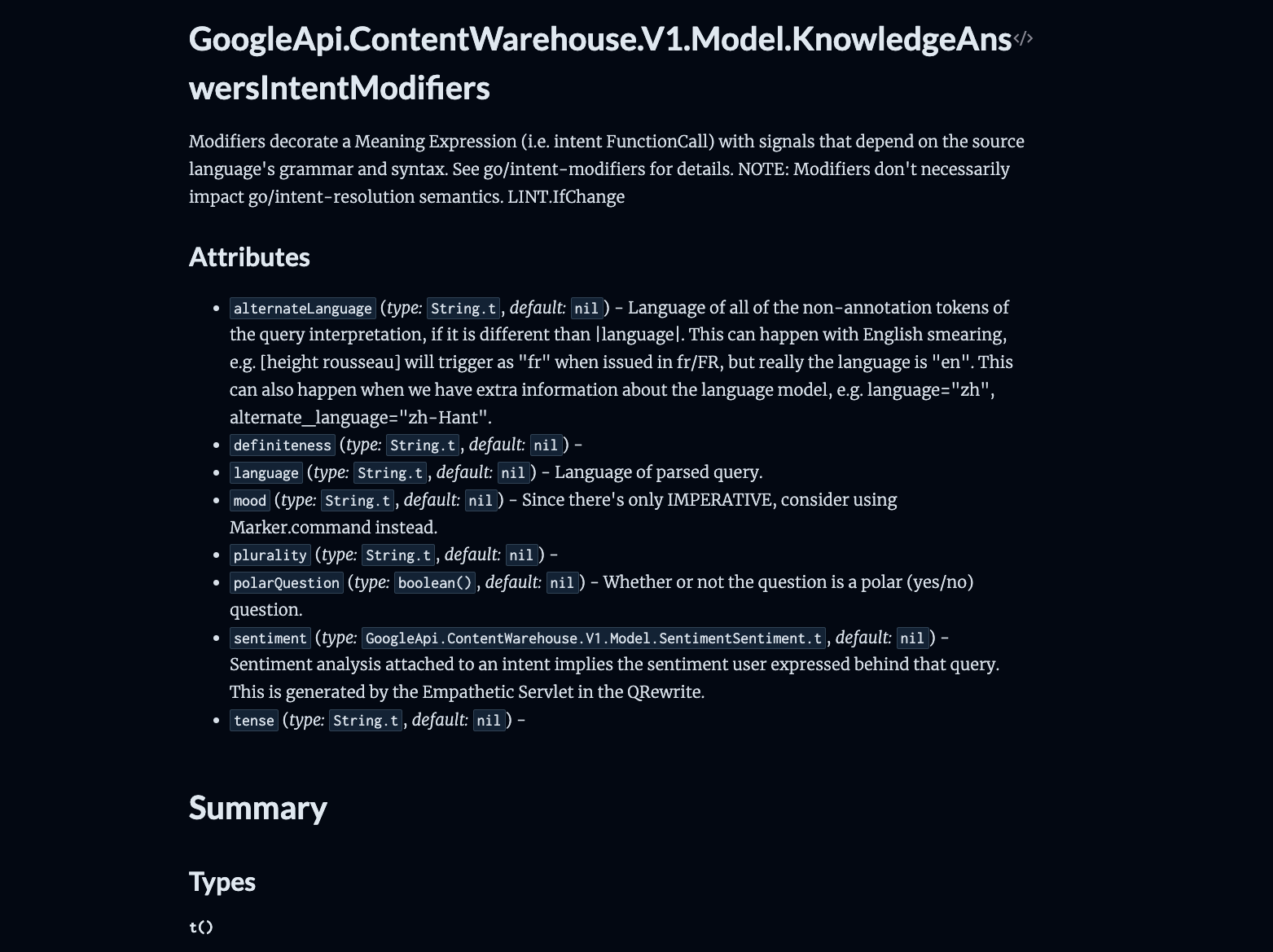 Google API docs for knowledge answer intent modifiers.