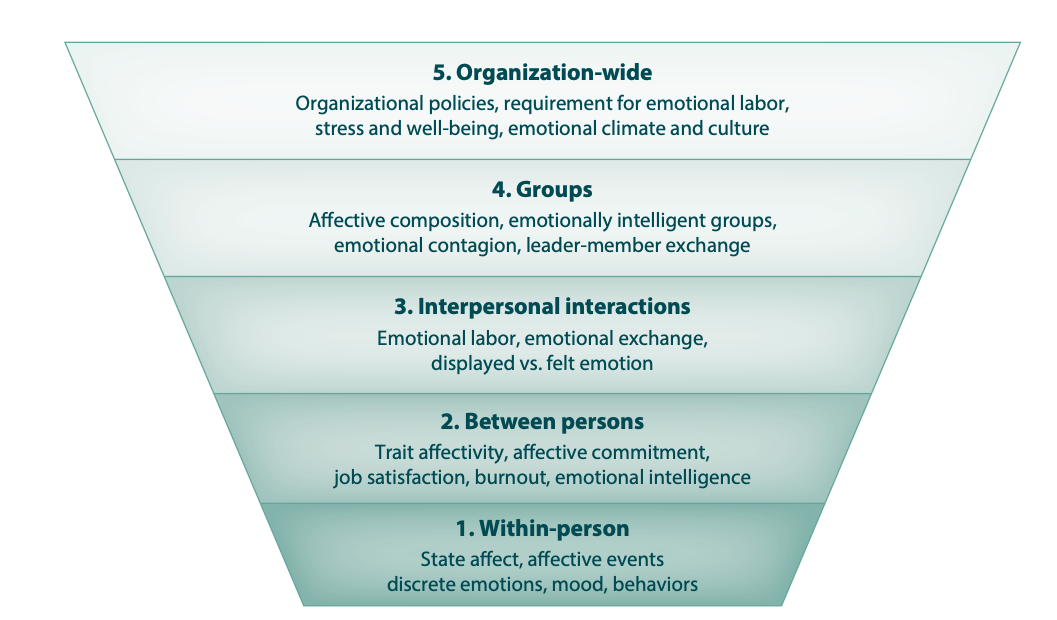 Figure with five levels: organization-wide, groups, interpersonal interactions, between persons, within-person.