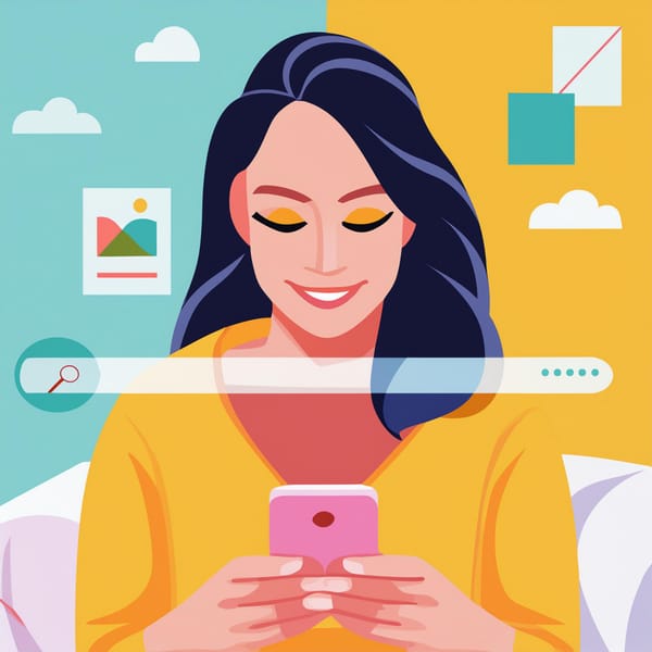 A cartoon illustration of a woman in a yellow shirt with dark long hair looking at her phone and searching online.